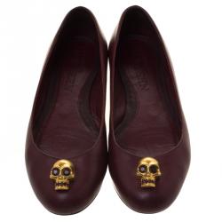 Pre Owned Alexander McQueen Maroon Leather Skull City Ballet Flats Size 38