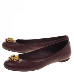 Pre Owned Alexander McQueen Maroon Leather Skull City Ballet Flats Size 38