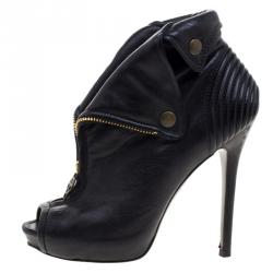 Pre Owned Alexander McQueen Black Leather Faithful Skull Peep Toe Ankle Boots Size 36