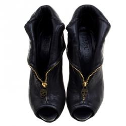 Pre Owned Alexander McQueen Black Leather Faithful Skull Peep Toe Ankle Boots Size 36