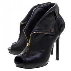 Pre Owned Alexander McQueen Black Leather Faithful Skull Peep Toe Ankle Boots Size 36