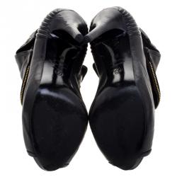 Pre Owned Alexander McQueen Black Leather Faithful Skull Peep Toe Ankle Boots Size 36