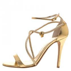 Pre Owned Alexander McQueen Gold Metallic Leather Skull Detail Sandals Size 39