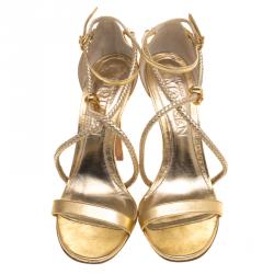 Pre Owned Alexander McQueen Gold Metallic Leather Skull Detail Sandals Size 39