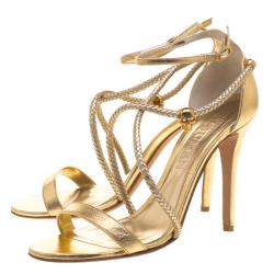 Pre Owned Alexander McQueen Gold Metallic Leather Skull Detail Sandals Size 39