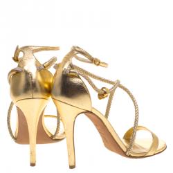 Pre Owned Alexander McQueen Gold Metallic Leather Skull Detail Sandals Size 39