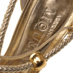 Pre Owned Alexander McQueen Gold Metallic Leather Skull Detail Sandals Size 39