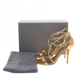Pre Owned Alexander McQueen Gold Metallic Leather Skull Detail Sandals Size 39