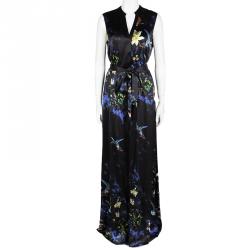 Pre Owned Alice + Olivia Marianna Black Printed Silk Belted Maxi Dress L