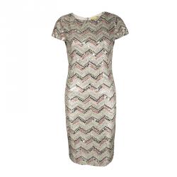 Pre Owned Alice + Olivia Beige Zig Zag Sequin Embellished Cap Sleeve Dress L