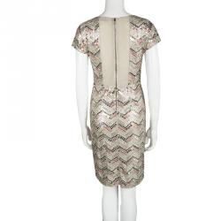 Pre Owned Alice + Olivia Beige Zig Zag Sequin Embellished Cap Sleeve Dress L