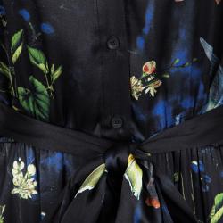 Pre Owned Alice + Olivia Black Marianna Enchanted Forest Print Silk Belted Dress M