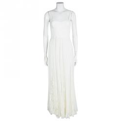 Pre Owned Alice + Olivia Cream Silk Lace Trim Detail Geneva Pleated Maxi Dress XS