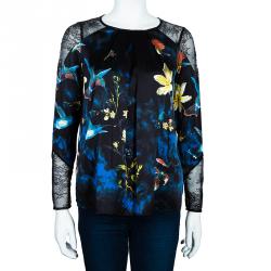 Pre Owned Alice + Olivia Black Bird Printed Satin and Lace Long Sleeve Top XS