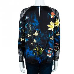 Pre Owned Alice + Olivia Black Bird Printed Satin and Lace Long Sleeve Top XS