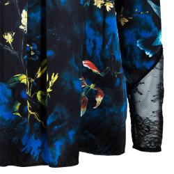 Pre Owned Alice + Olivia Black Bird Printed Satin and Lace Long Sleeve Top XS