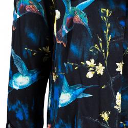 Pre Owned Alice + Olivia Black Bird Printed Satin and Lace Long Sleeve Top XS