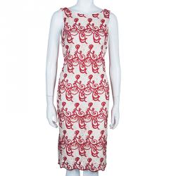 Pre Owned Alice + Olivia Red and Cream Embroidered Dress M
