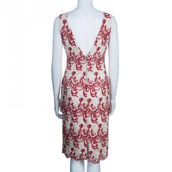 Pre Owned Alice + Olivia Red and Cream Embroidered Dress M