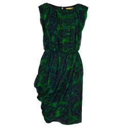Alice + Olivia Beckett Green and Blue Printed Silk Gathered Dress S