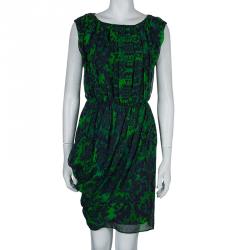 Alice + Olivia Beckett Green and Blue Printed Silk Gathered Dress S