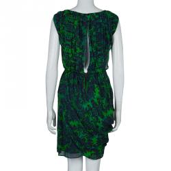Alice + Olivia Beckett Green and Blue Printed Silk Gathered Dress S