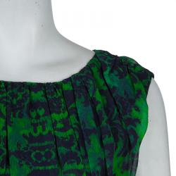 Alice + Olivia Beckett Green and Blue Printed Silk Gathered Dress S
