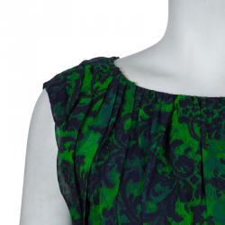 Alice + Olivia Beckett Green and Blue Printed Silk Gathered Dress S