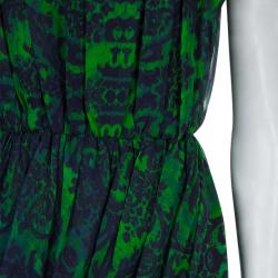 Alice + Olivia Beckett Green and Blue Printed Silk Gathered Dress S
