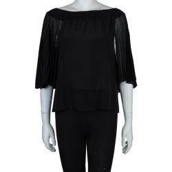 Pre Owned Alice + Olivia Black Silk Smocked Pleated Sleeve Detail Off Shoulder Blouse S