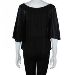 Pre Owned Alice + Olivia Black Silk Smocked Pleated Sleeve Detail Off Shoulder Blouse S