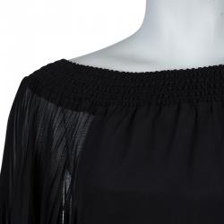 Pre Owned Alice + Olivia Black Silk Smocked Pleated Sleeve Detail Off Shoulder Blouse S