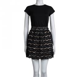 Pre Owned Alice + Olivia Black Sequin Embellished Lace Overlay Skirt S