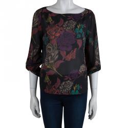 Pre Owned Alice + Olivia Black Floral Printed Long Sleeve Sheer Blouse M