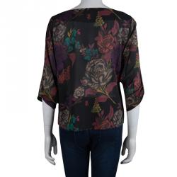 Pre Owned Alice + Olivia Black Floral Printed Long Sleeve Sheer Blouse M
