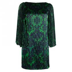 Pre Owned Alice + Olivia Green Printed Silk Plisse Sleeve Shift Dress S