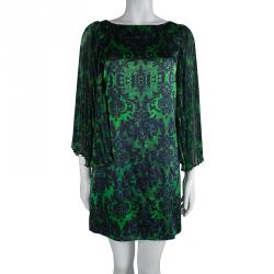 Pre Owned Alice + Olivia Green Printed Silk Plisse Sleeve Shift Dress S