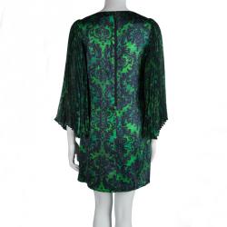 Pre Owned Alice + Olivia Green Printed Silk Plisse Sleeve Shift Dress S