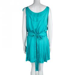 Pre Owned Alice + Olivia Turquoise Blue Silk Sleeveless Belted Dress L