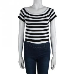 Pre Owned Alice +Olivia Monochrome Striped Rib Knit Cropped Top M