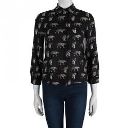 Pre Owned Alice + Olivia Black Tiger Printed Sheer Silk Cropped Shirt XS