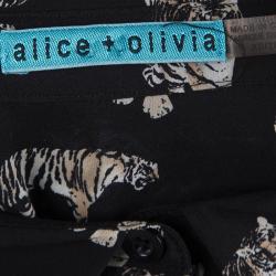 Pre Owned Alice + Olivia Black Tiger Printed Sheer Silk Cropped Shirt XS