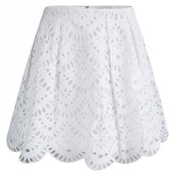 Pre Owned Alice + Olivia White Scalloped Eyelet Lace Gathered Skirt S