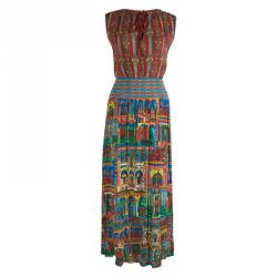 Alice + Olivia Multicolor Printed  Smocking Detailed Crushed Maxi Dress S
