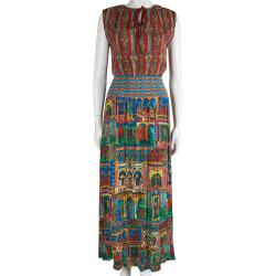 Alice + Olivia Multicolor Printed  Smocking Detailed Crushed Maxi Dress S