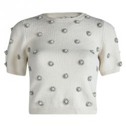 Alice + Olivia Off White Wool Bay Pearl Rhinestone Embellished Cropped Sweater S