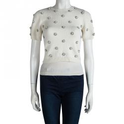 Alice + Olivia Off White Wool Bay Pearl Rhinestone Embellished Cropped Sweater S