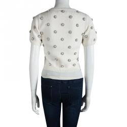 Alice + Olivia Off White Wool Bay Pearl Rhinestone Embellished Cropped Sweater S