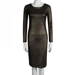 Pre Owned Alice + Olivia Textured Gold Knit Sheer Back Detail Long Sleeve Dress M