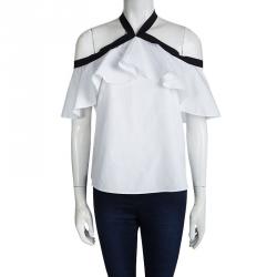 Pre Owned Alice + Oliva White Cotton Alyssa Off Shoulder Halter Top S